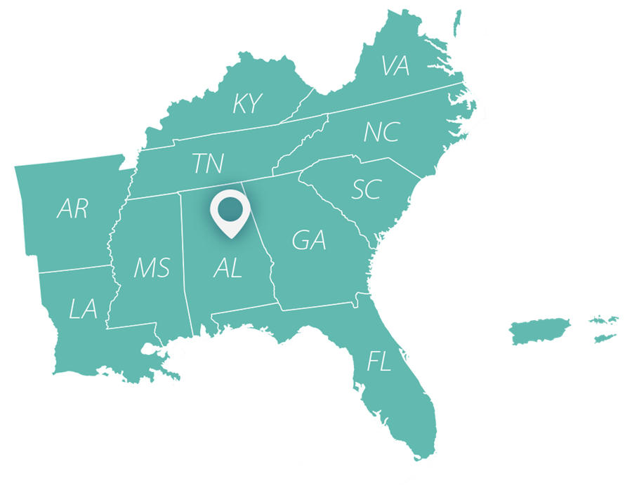 Map of the Southeast US